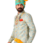 Handmade Sky Blue Gold Maharaja Style Brocade Silk Sherwani | Jaipurio